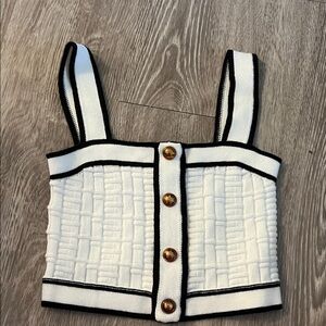SHEIN White Knit Crop Top with Black Trim and Gold Buttons